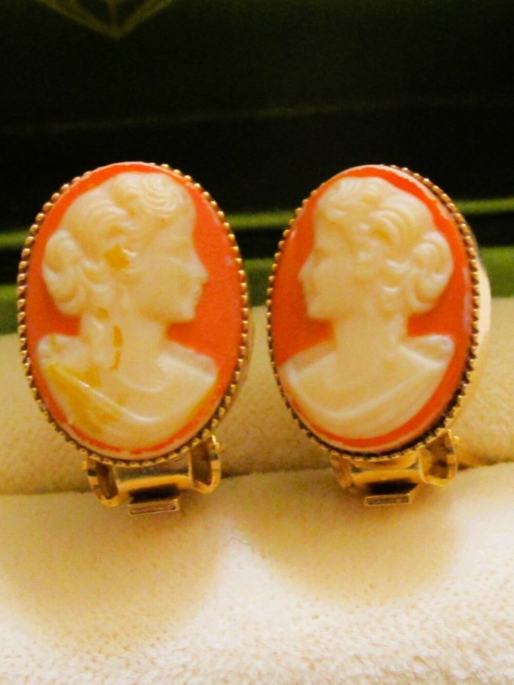 VINTAGE Cameo Clip On Earrings: Gold Plated Glass, 1950s Style